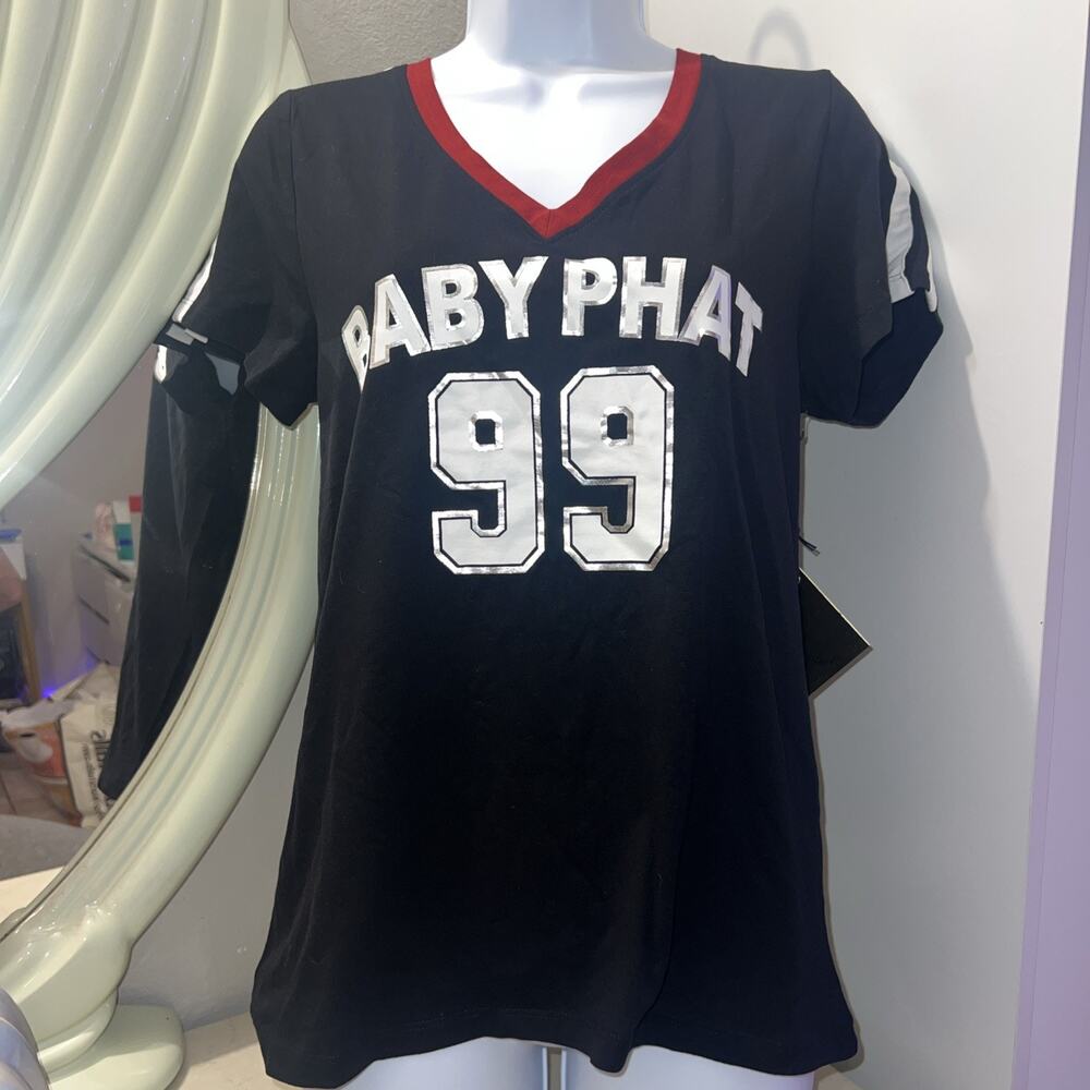 Baby Phat V-Neck Tshirt Women's Black Short Sleeve Size M